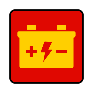 Batterie Symbol für eine Autobatterie in Rot mit gelben Plus- und Minuszeichen.